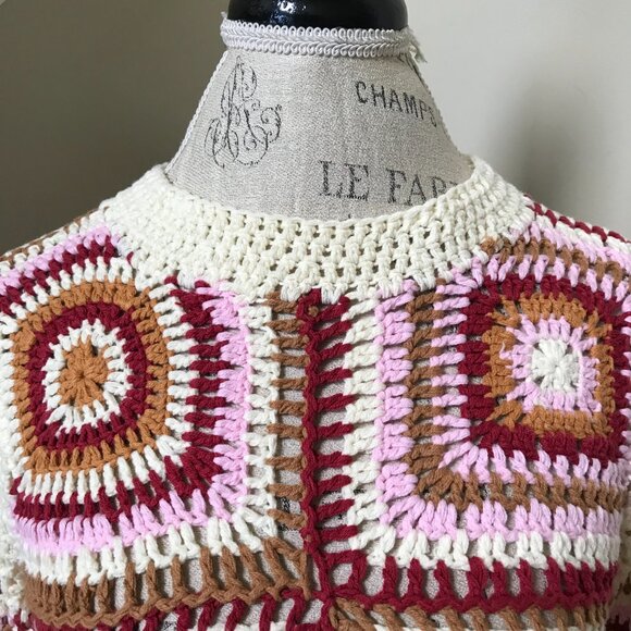 MinkPink Norah Crochet Sweater Womens XS Cream Pink Red Crew Neck Long Sleeve - Picture 5 of 11